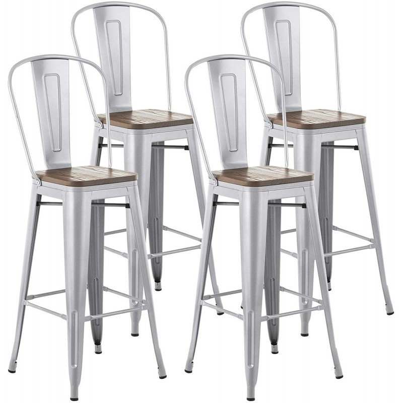 mecor Metal Bar stools Set of 4 with Removable Backrest, 30'' Dining Counter Height Chairs with Wood Seat (Silver)