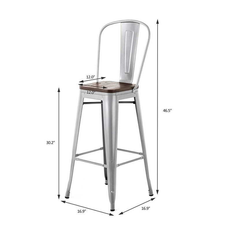mecor Metal Bar stools Set of 4 with Removable Backrest, 30'' Dining Counter Height Chairs with Wood Seat (Silver)